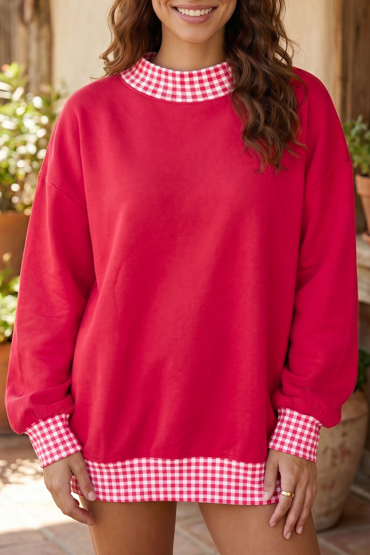 Red Colorblock Plaid Contrast Trim Oversized Sweatshirt