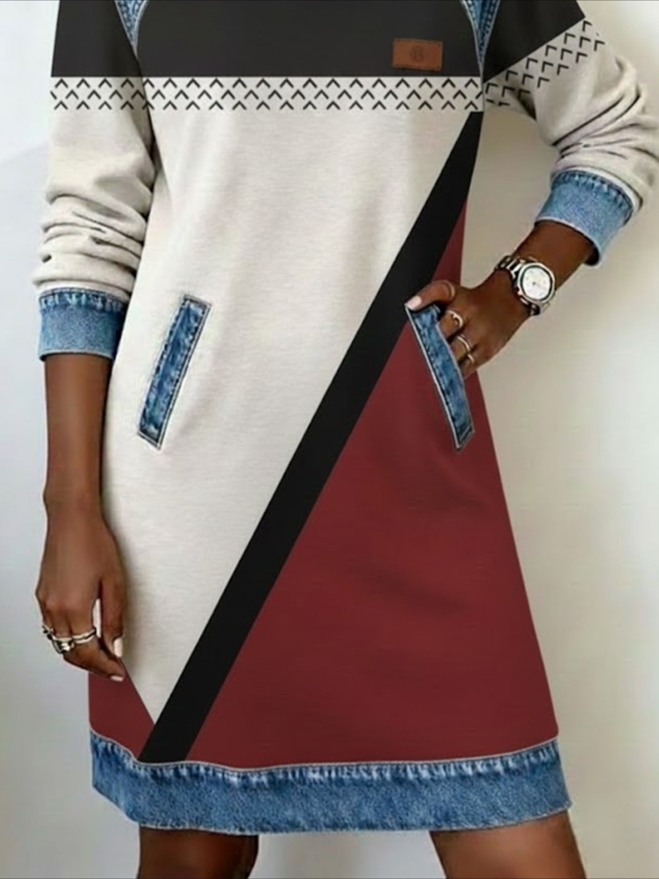 Denim Patchwork Abstract Long Sleeve Hoodie Printing Daily Vintage H-Line Spring/Fall Midi Dress