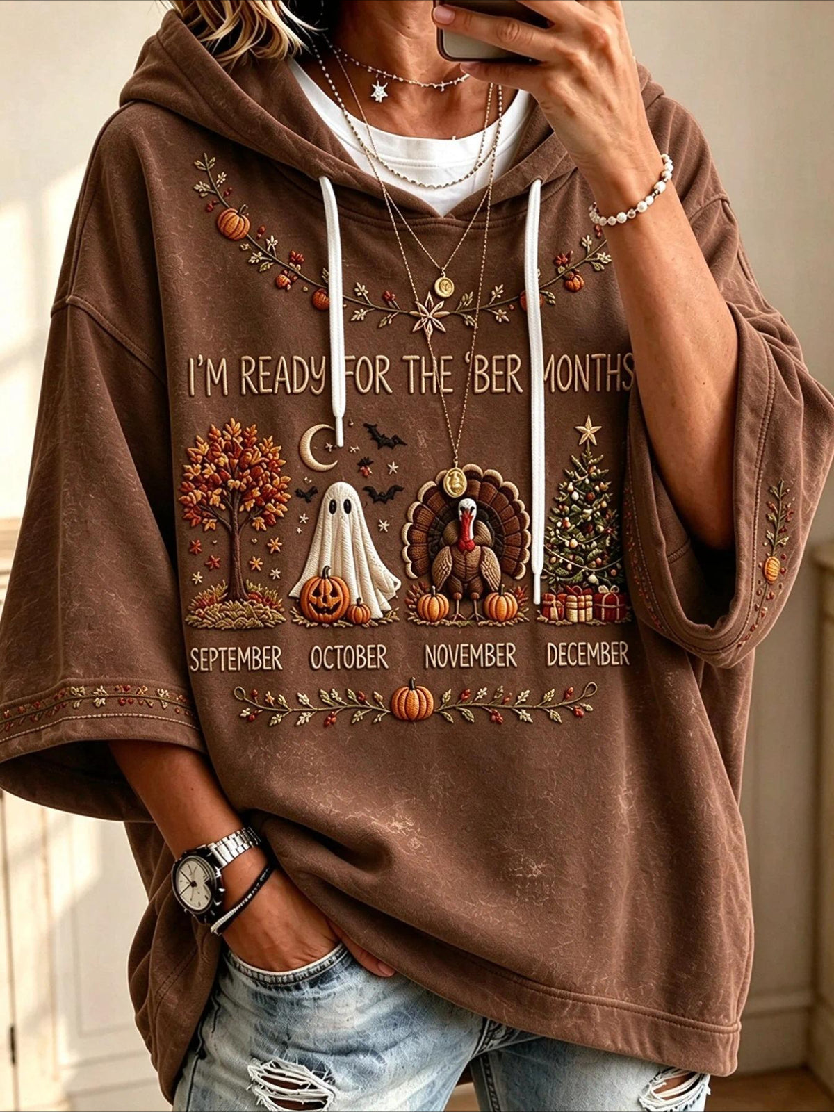 Casual Maple Leaf Printing Half Sleeve Hoodie