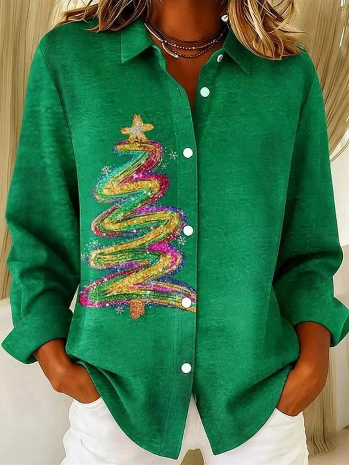 Christmas Patterns Long Sleeve Plain Regular Micro-Elasticity Regular Fit Shirt