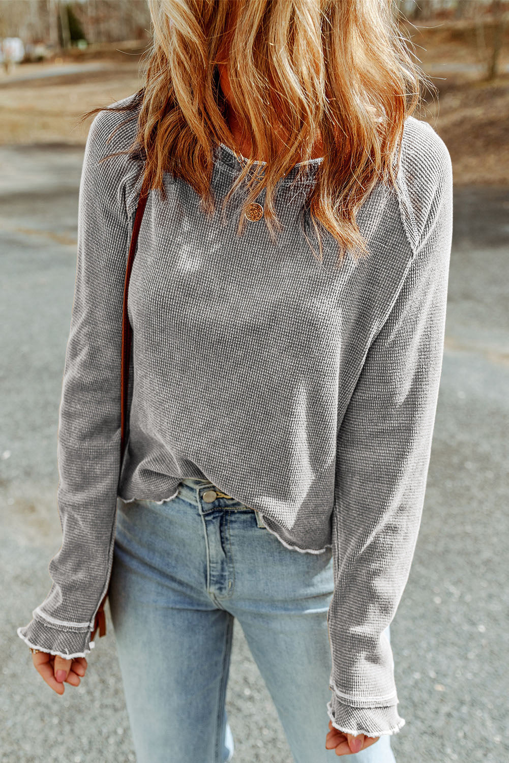 Gray Textured Round Neck Long Sleeve Top