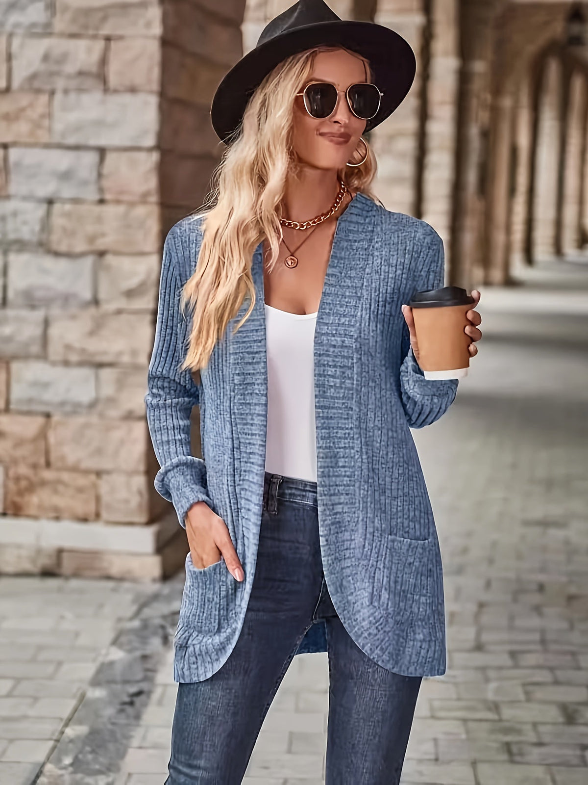 Solid Open Front Cardigan, Casual Long Sleeve Drop Shoulder Outwear