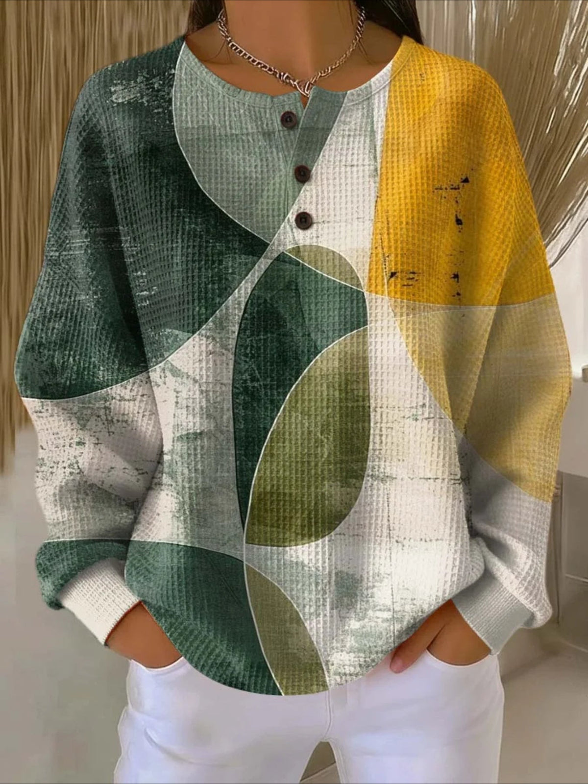Colorful Ribbed V Neck Braided Print Long Sleeve Regular Sweatshirt