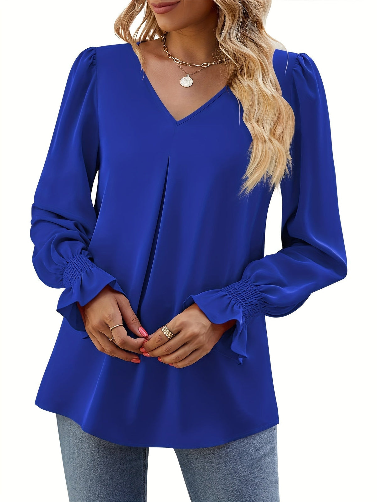 Solid V Neck Simple Blouse, Elegant Long Sleeve Ruched Blouse
