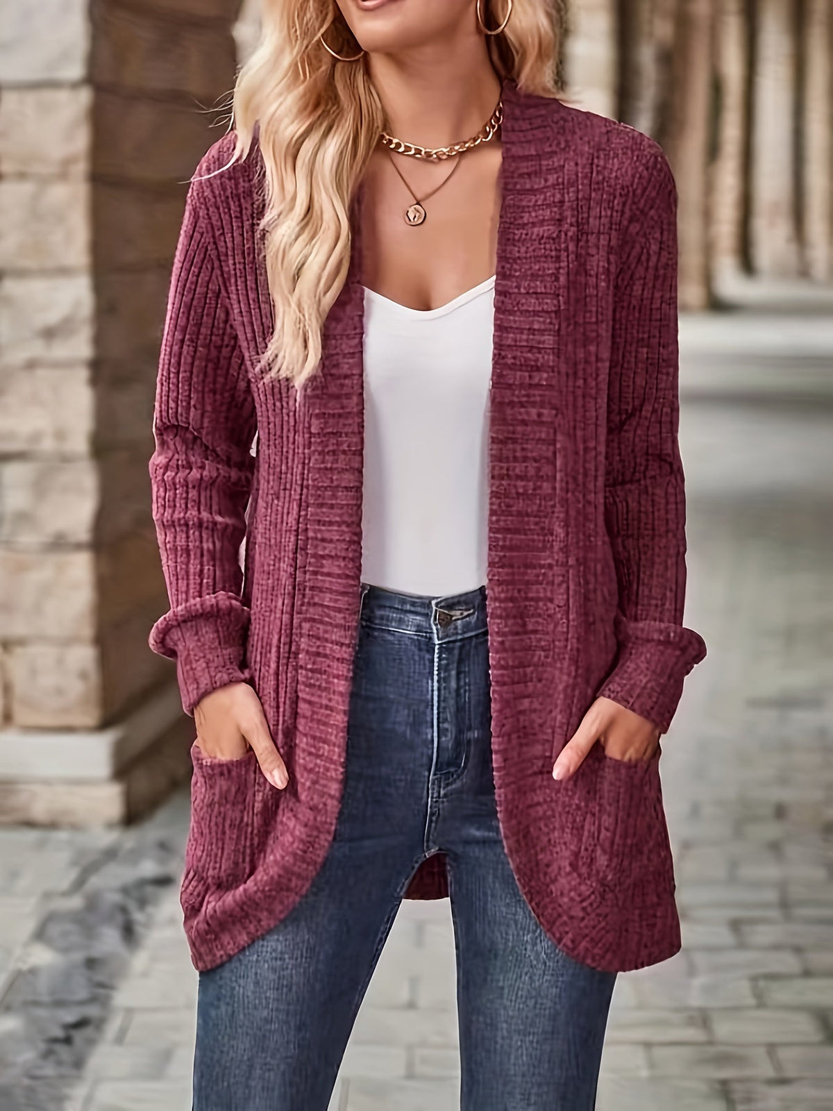 Solid Open Front Cardigan, Casual Long Sleeve Drop Shoulder Outwear