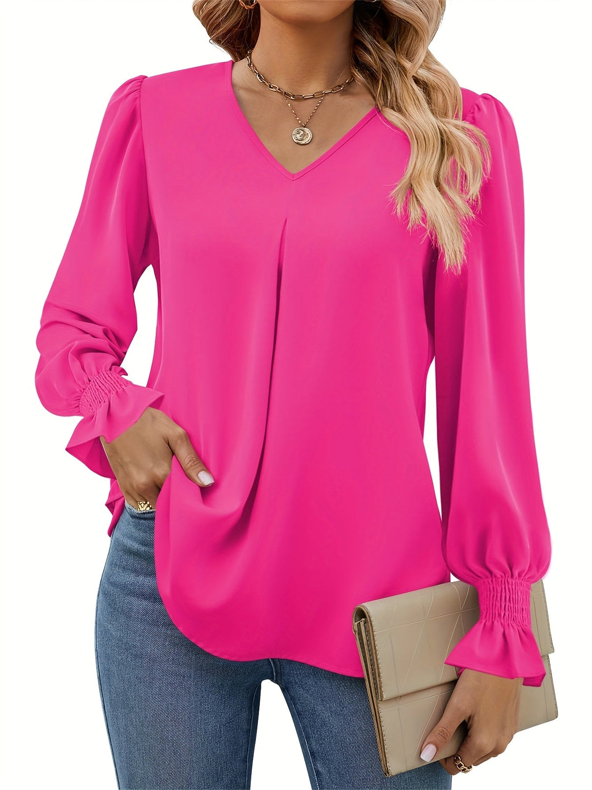 Solid V Neck Simple Blouse, Elegant Long Sleeve Ruched Blouse