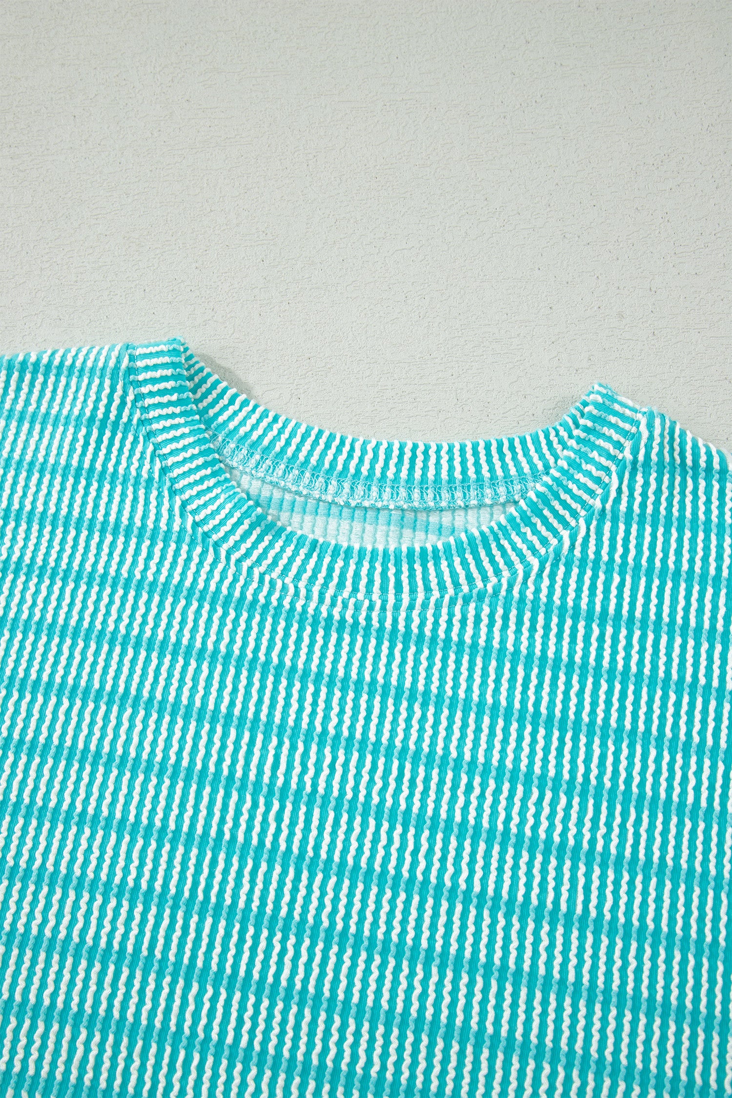 Sky Blue Stripe Raised Rib Loose Tee Drawstring Elastic Waist 2pcs Short Set