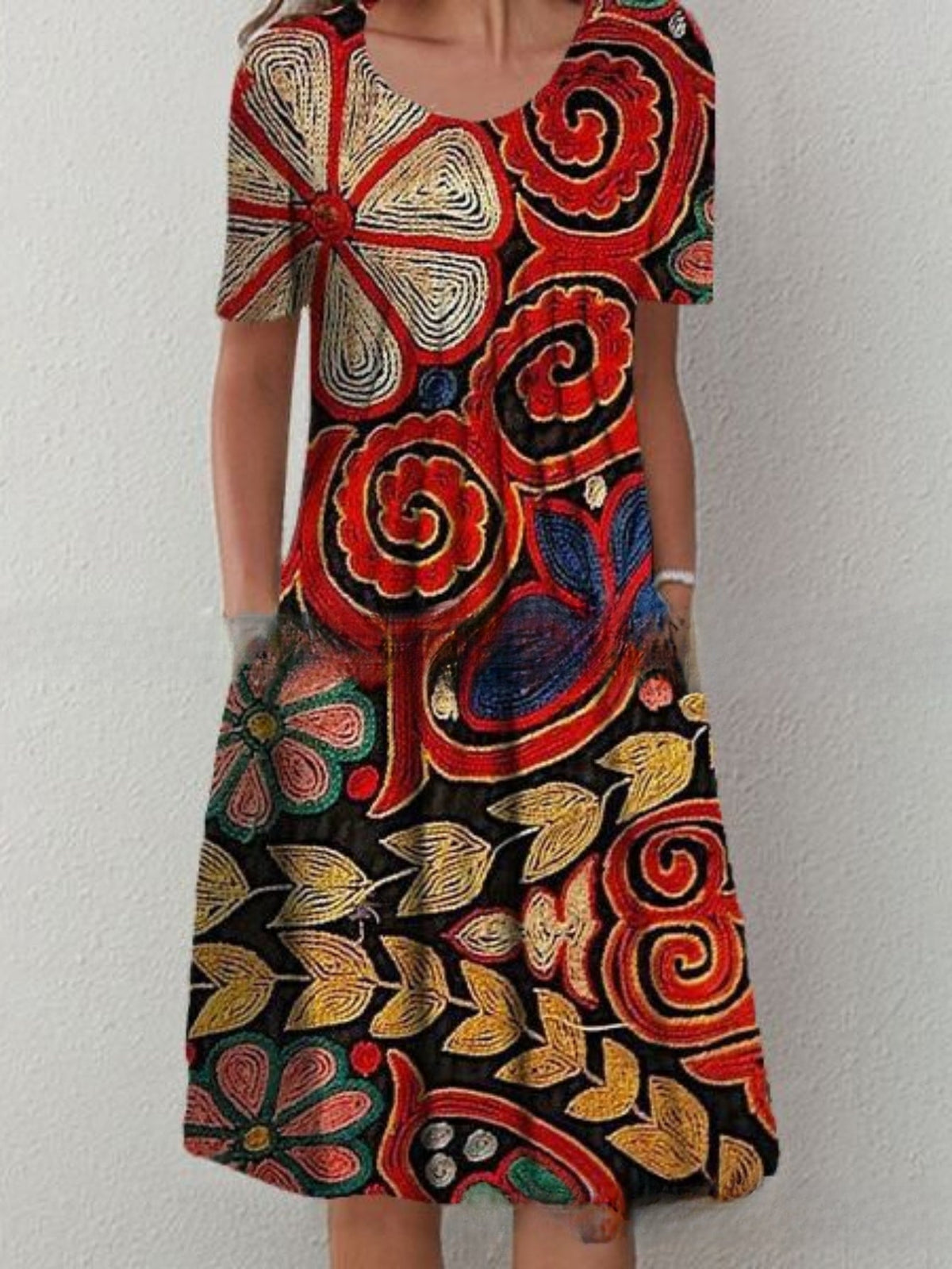 Mandala Print Short Sleeve Tucked Dress, Casual Crew Neck Dress