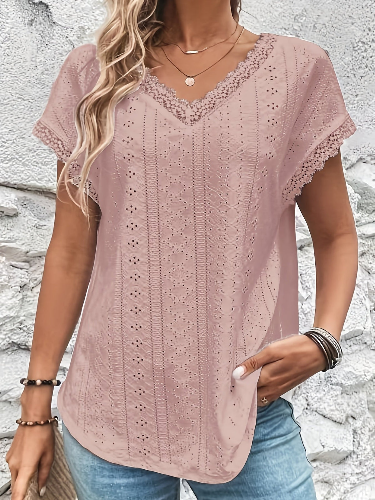 Elegant T-shirt, Women's Eyelet Embroidery Contrast Lace Trim V Neck Short Sleeve Slight Stretch T-shirt