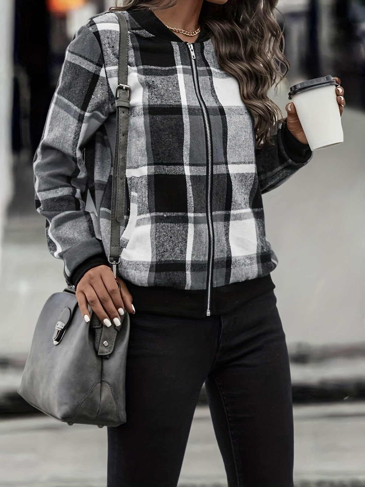 Plaid Print Bomber Jacket, Casual Zip Up Long Sleeve Outerwear