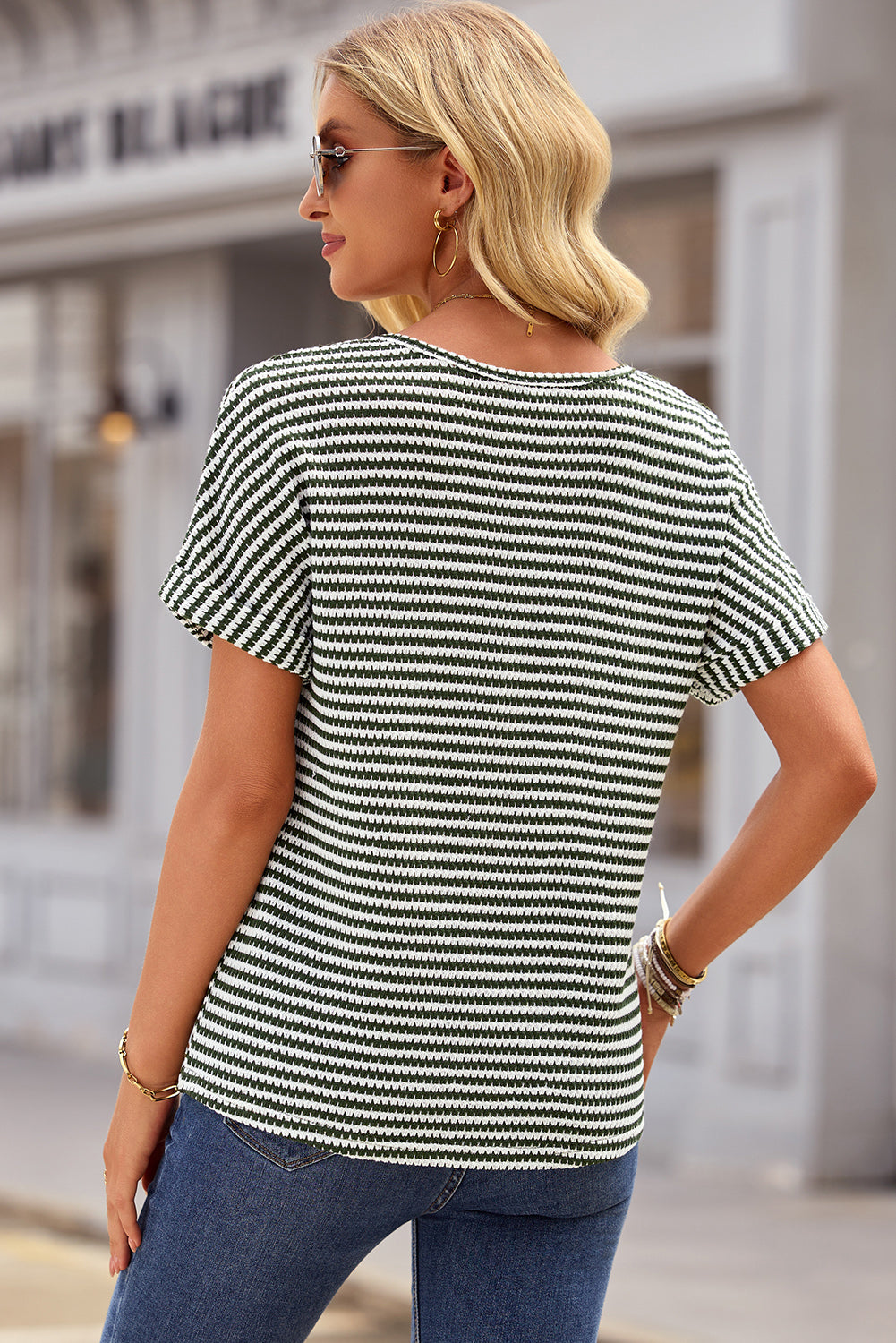 Green Stripe Textured Knit Notched Neck Cuffed Short Sleeve Top