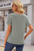 Green Stripe Textured Knit Notched Neck Cuffed Short Sleeve Top