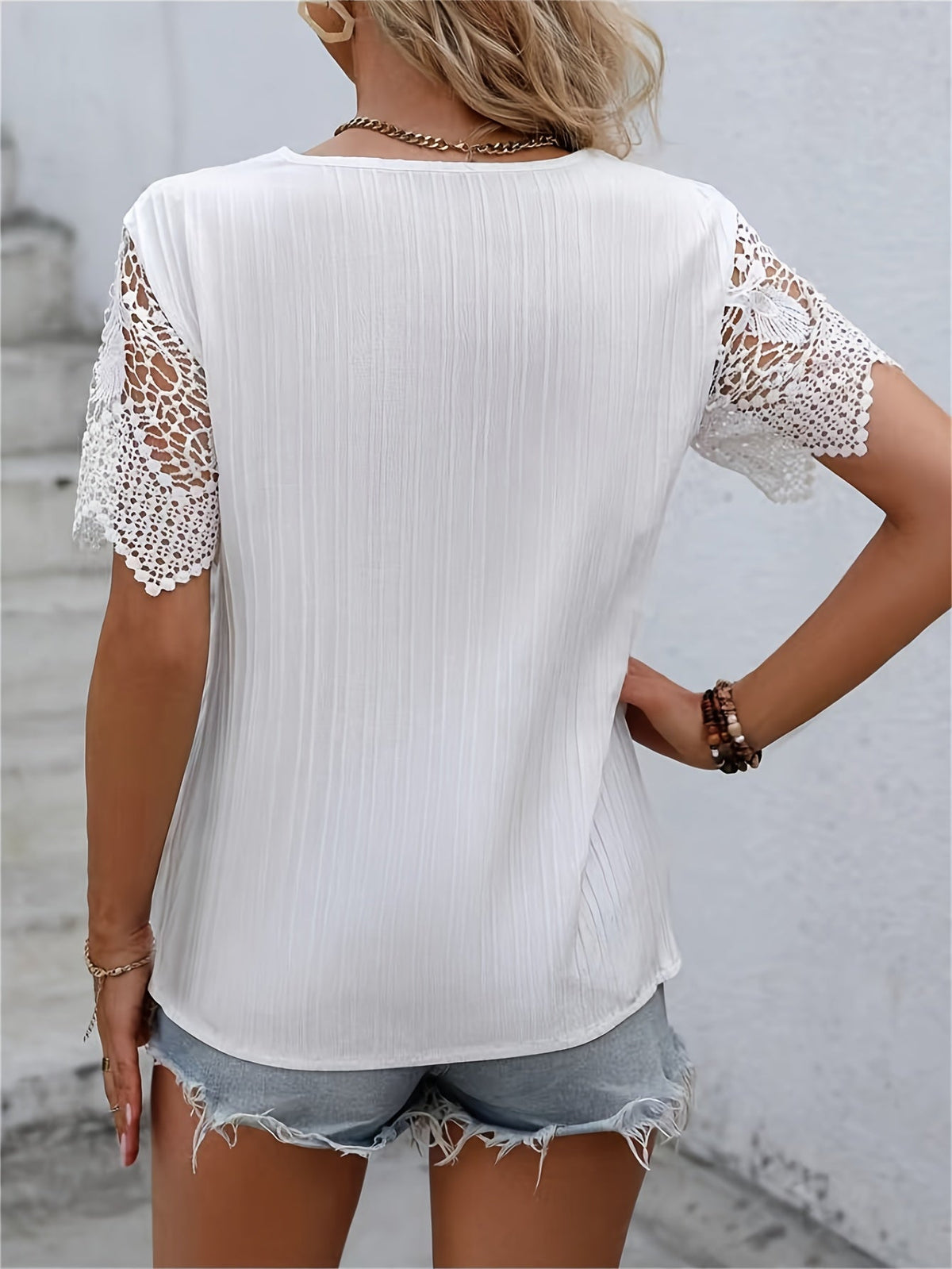 Solid Lace Splicing V-neck Blouse, Vintage Short Sleeve Blouse