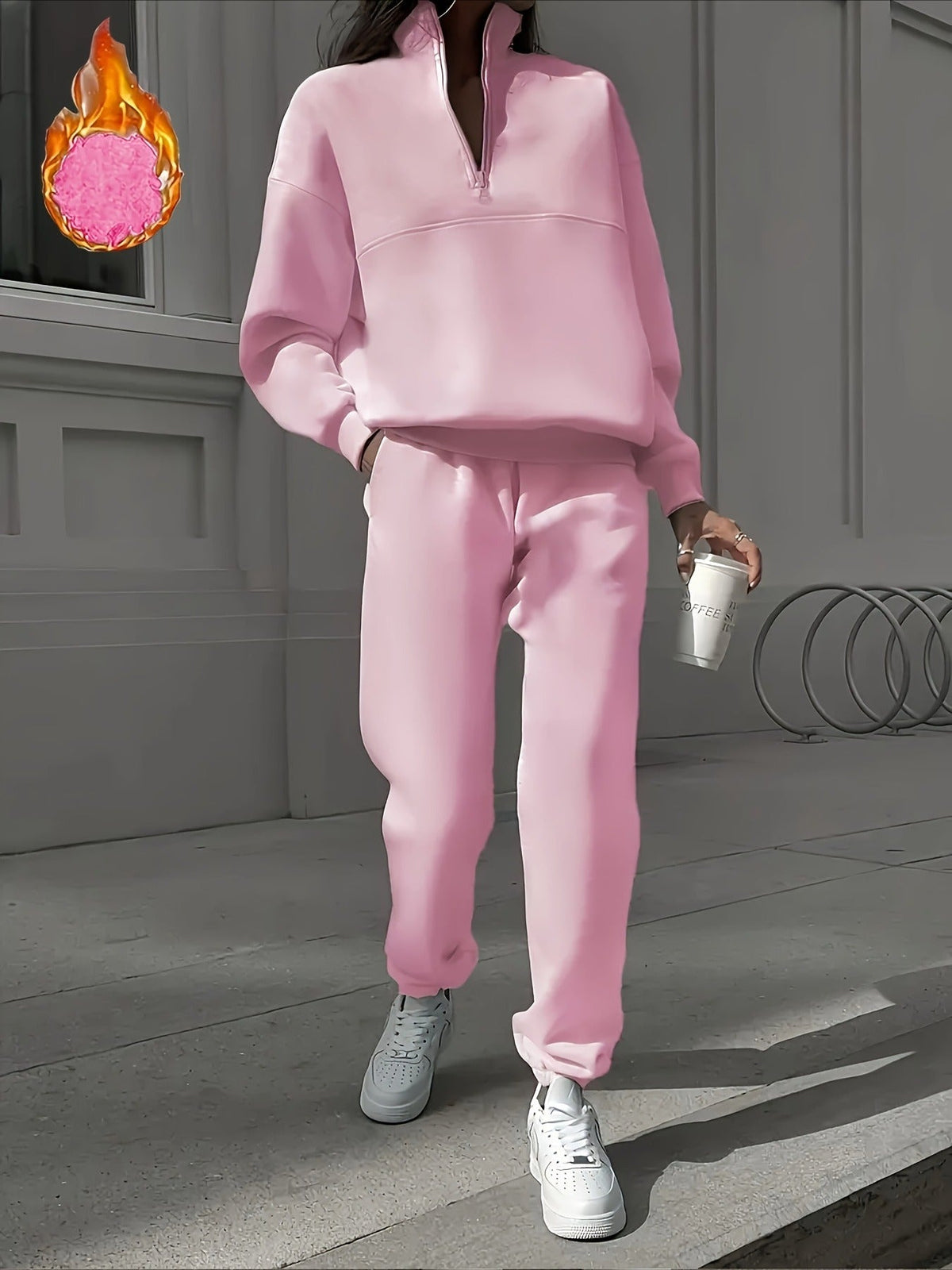 Cozy Fleece Zip-Up Top & Loose Pants Two-Piece Set