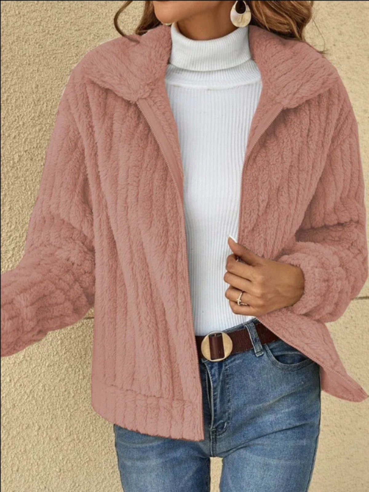 Casual Coat, Women's Fuzzy Long Sleeve Zip Up Lapel Collar Shaggy Teddy Coat