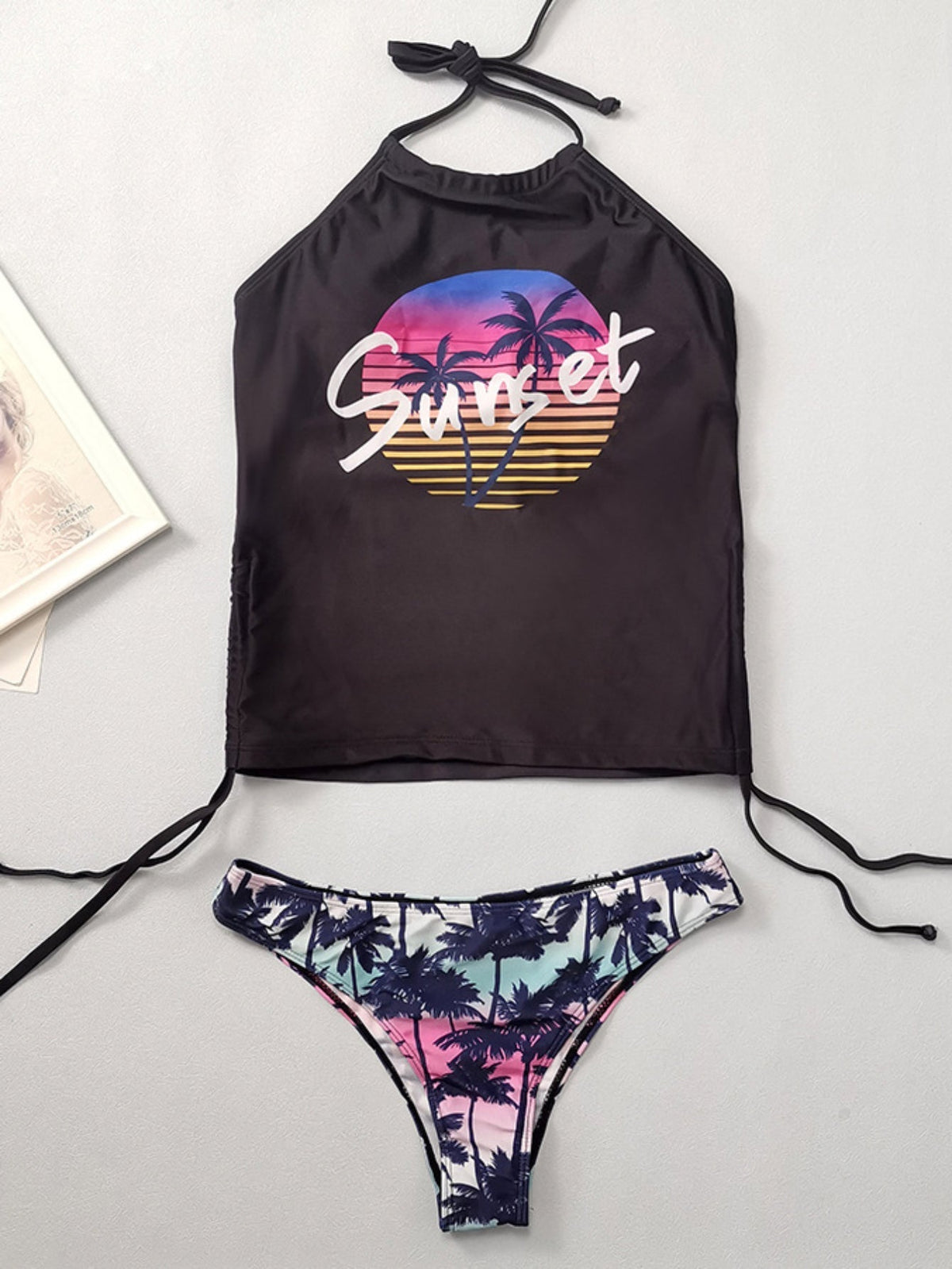 Coconut Tree Sunset Pattern Drawstring 2 Piece Set Swimsuit, Halter Tie Neck Backless Stretchy Low Waist Bathing Suit