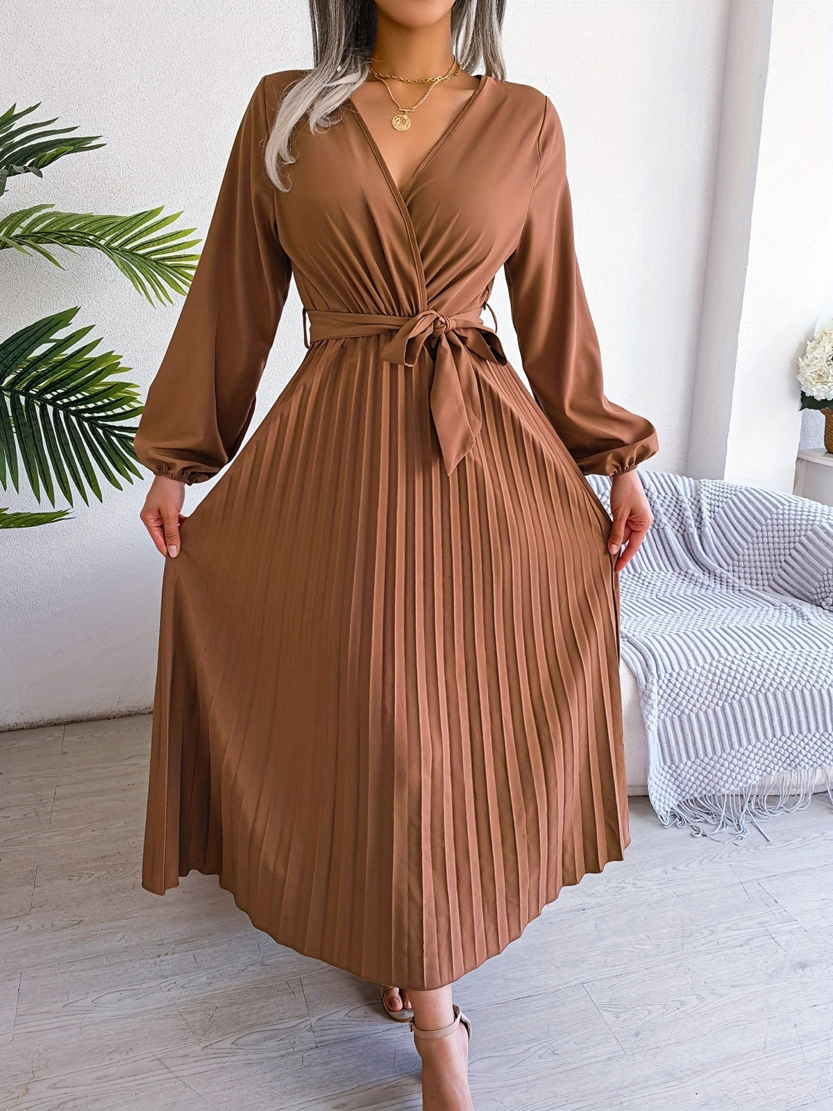 Pleated Surplice Neck Dress, Elegant Long Sleeve Solid Dress, Women's Clothing