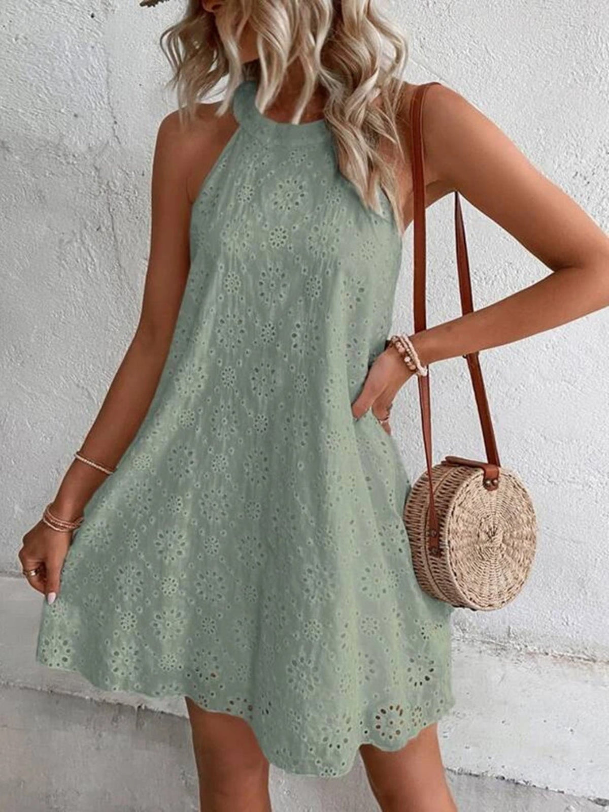 Keyhole Solid Dress, Casual Crew Neck Sleeveless Dress