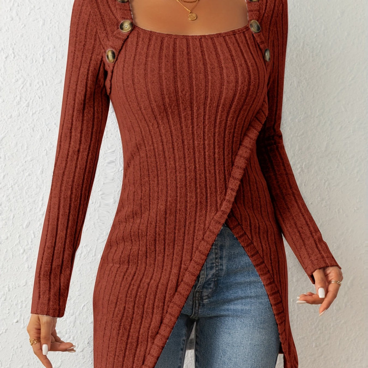 Button Decor Asymmetrical Hem T-Shirt, Casual Ribbed Long Sleeve Top
