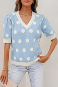 Light Blue Polka Dot Puff Short Sleeve Sweater Top