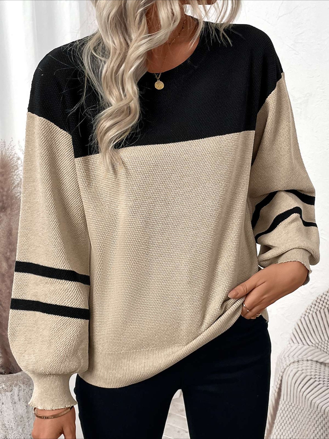 Patchwork Striped Long Sleeve Round Neck Sweater