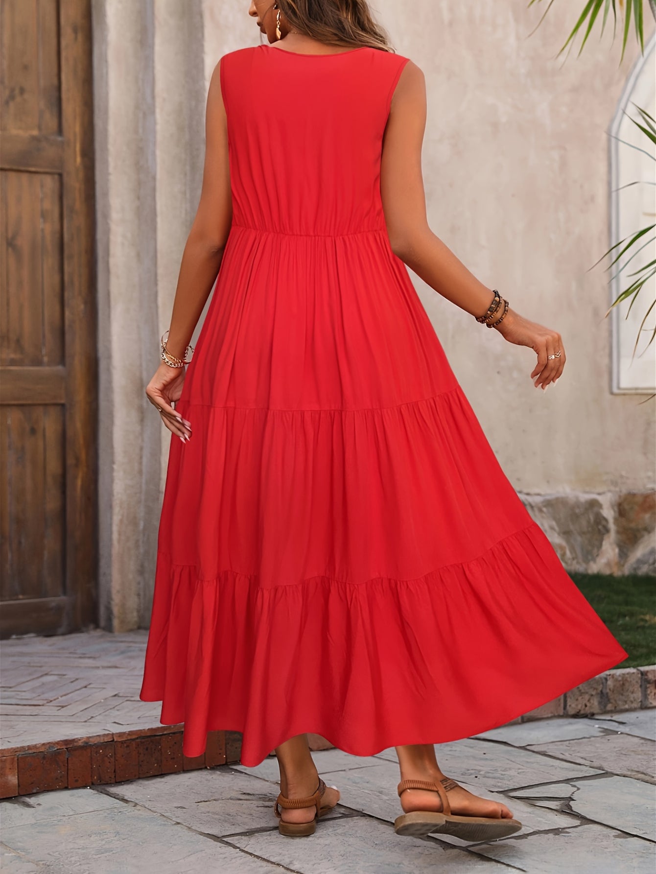 Loose V Neck Ruffle Hem Dress, Casual Sleeveless Dress