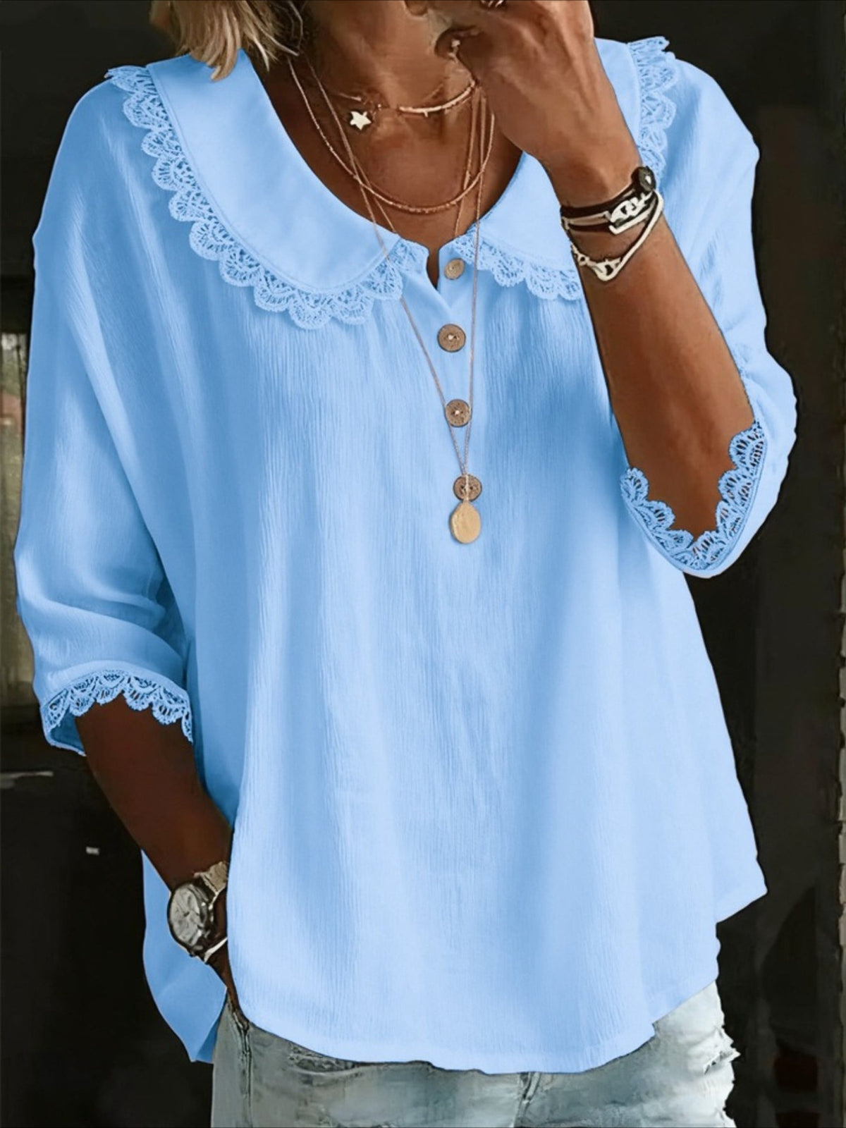 Solid Color button-down shirt with a collared lace trim