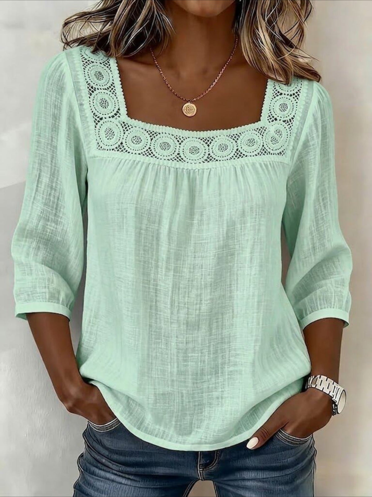 Linen Blend Square Neck Loose Elegant Blouse