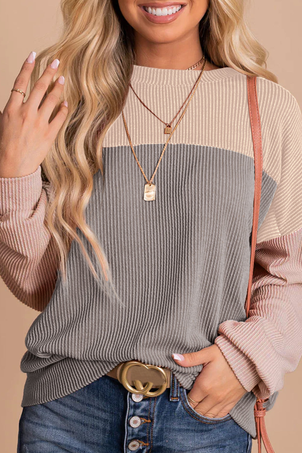 Multicolor Color Block Long Sleeve Ribbed Loose Top