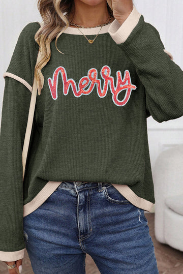 Four Leaf Clover Merry Patched Graphic Contrast Trim Christmas Knitted Long Sleeve Top