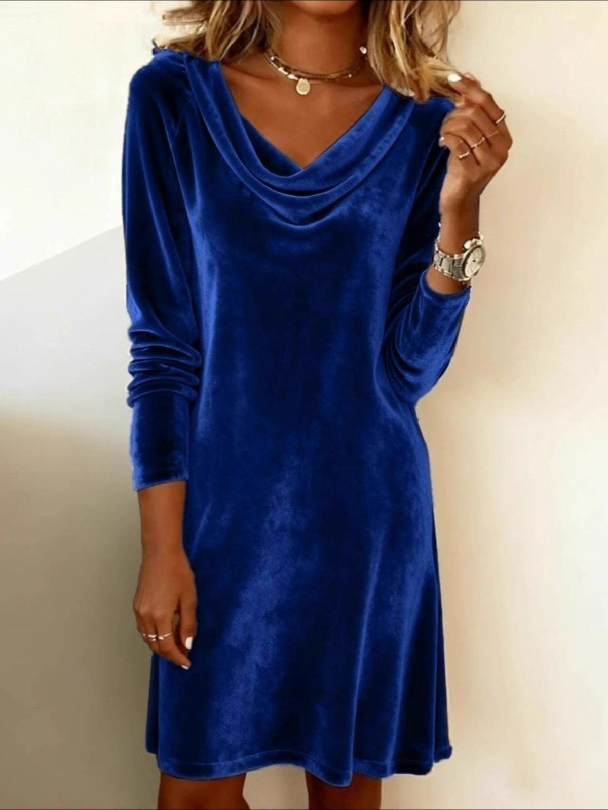 Long Sleeve Spring/Fall Golden Plain Split Joint Mini A-Line Fit & Flare Dress