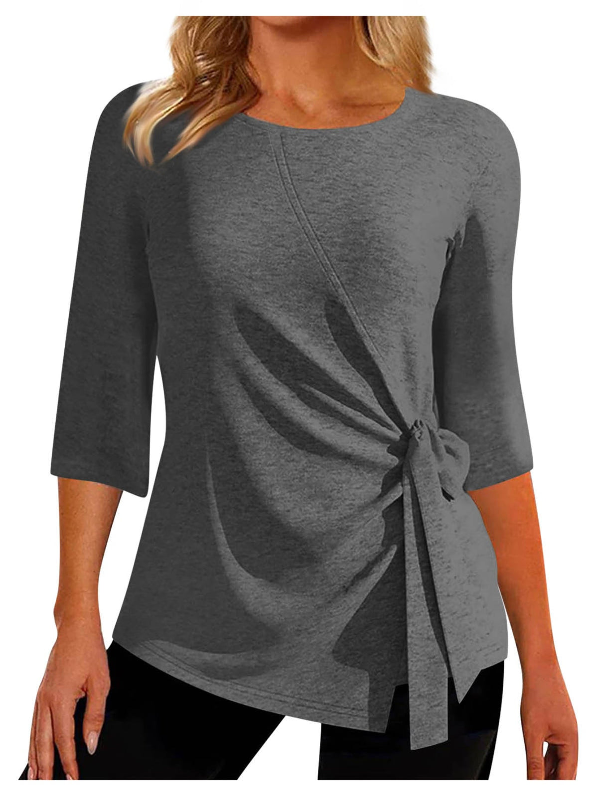 Solid Ruched Tie Front Top, Casual Three-quarter Sleeve Top