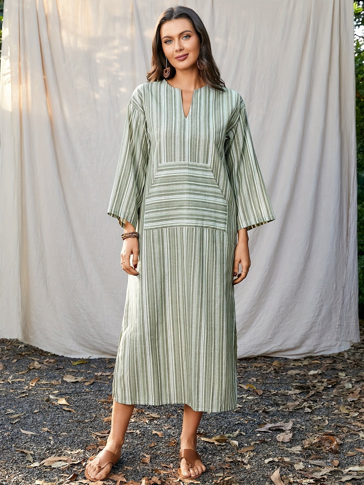 Striped Print Long Sleeve Dress - Relaxed Casual Style with Notch Neck