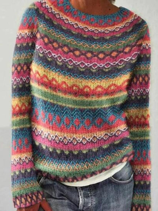 Elegant Color-Block Round Neck Long Sleeve Pullover Sweater