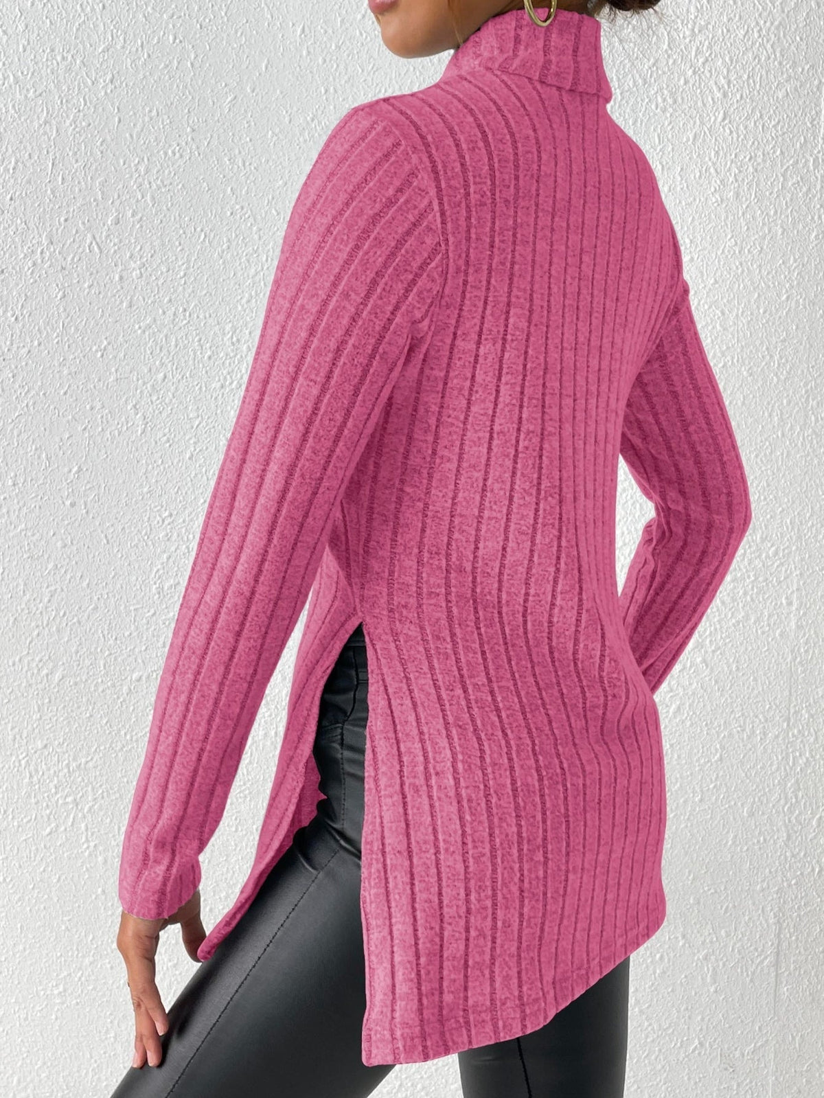 Solid Turtle Neck Rib Knit Top, Casual Long Sleeve Split Top