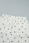 White Polka Dot Print Scalloped Patch Pocket Cotton Shift Pants