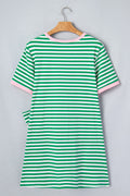 Green Stripe Nautical Tie Contrast Trim Round Neck T Shirt Mini Dress