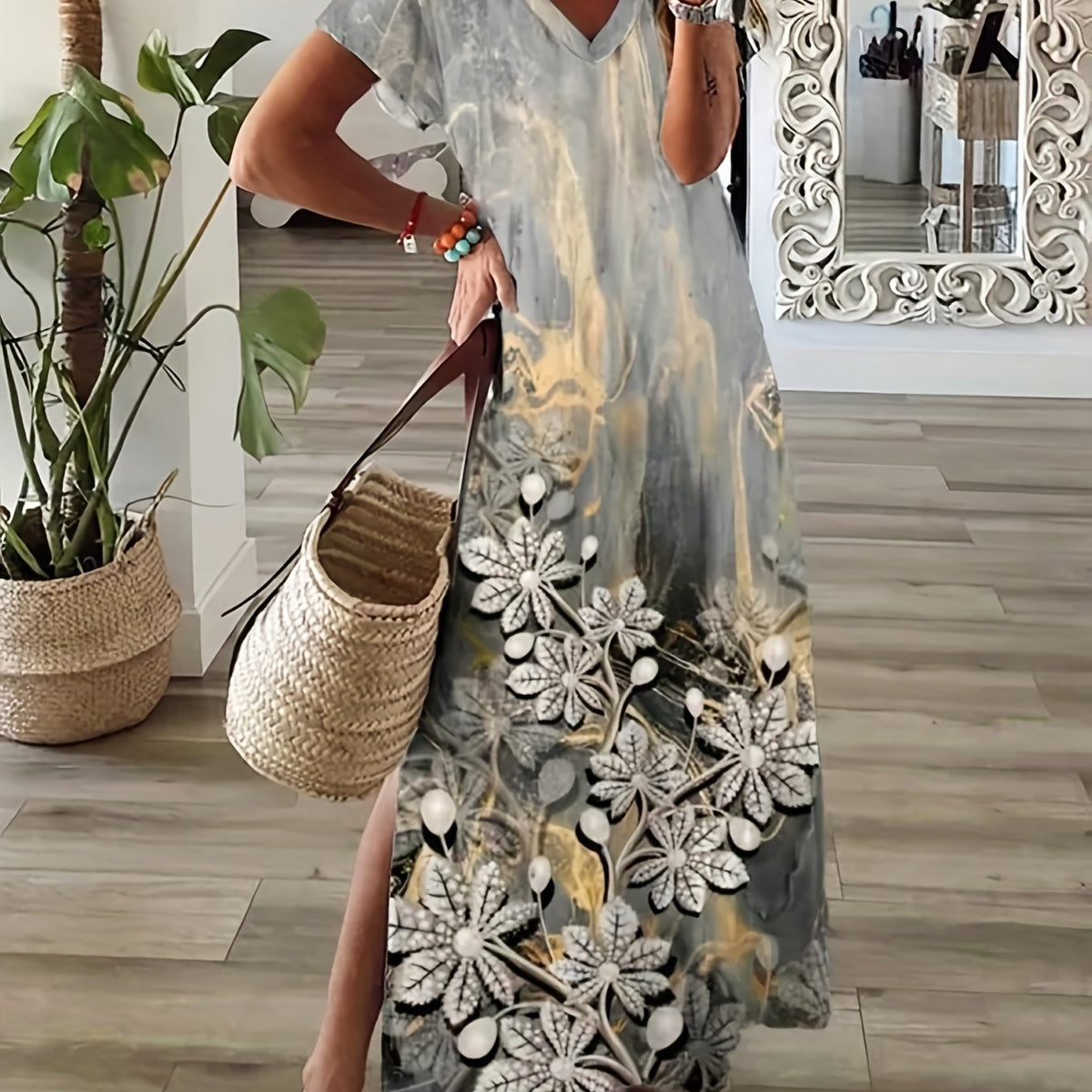 Floral Print Side Split Dress, Casual V Neck Short Sleeve Dress, Women's Clothing