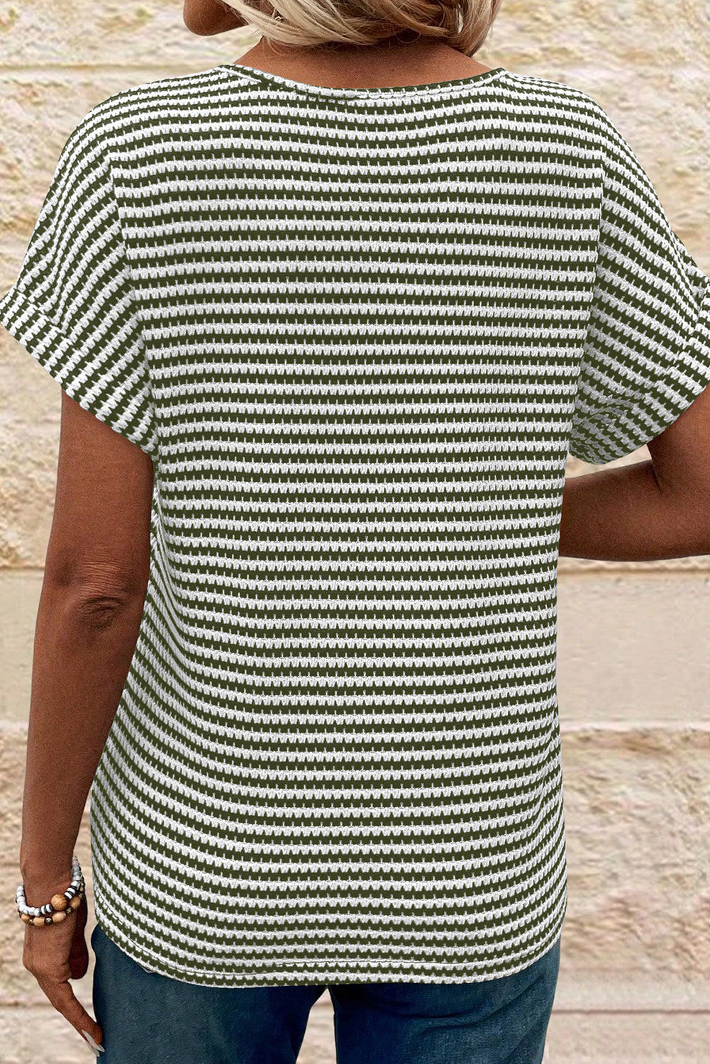Green Stripe Textured Knit Notched Neck Cuffed Short Sleeve Top