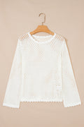 White Scalloped Trim Hollow Out Knit Long Sleeve Top