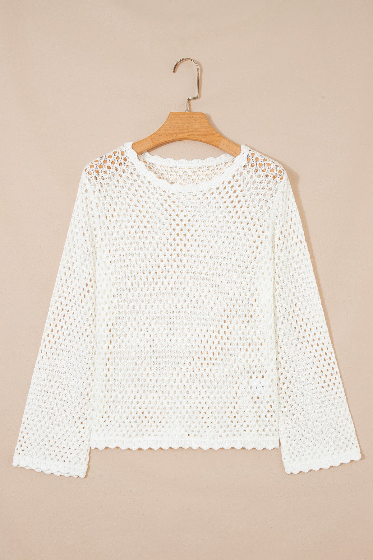 White Scalloped Trim Hollow Out Knit Long Sleeve Top
