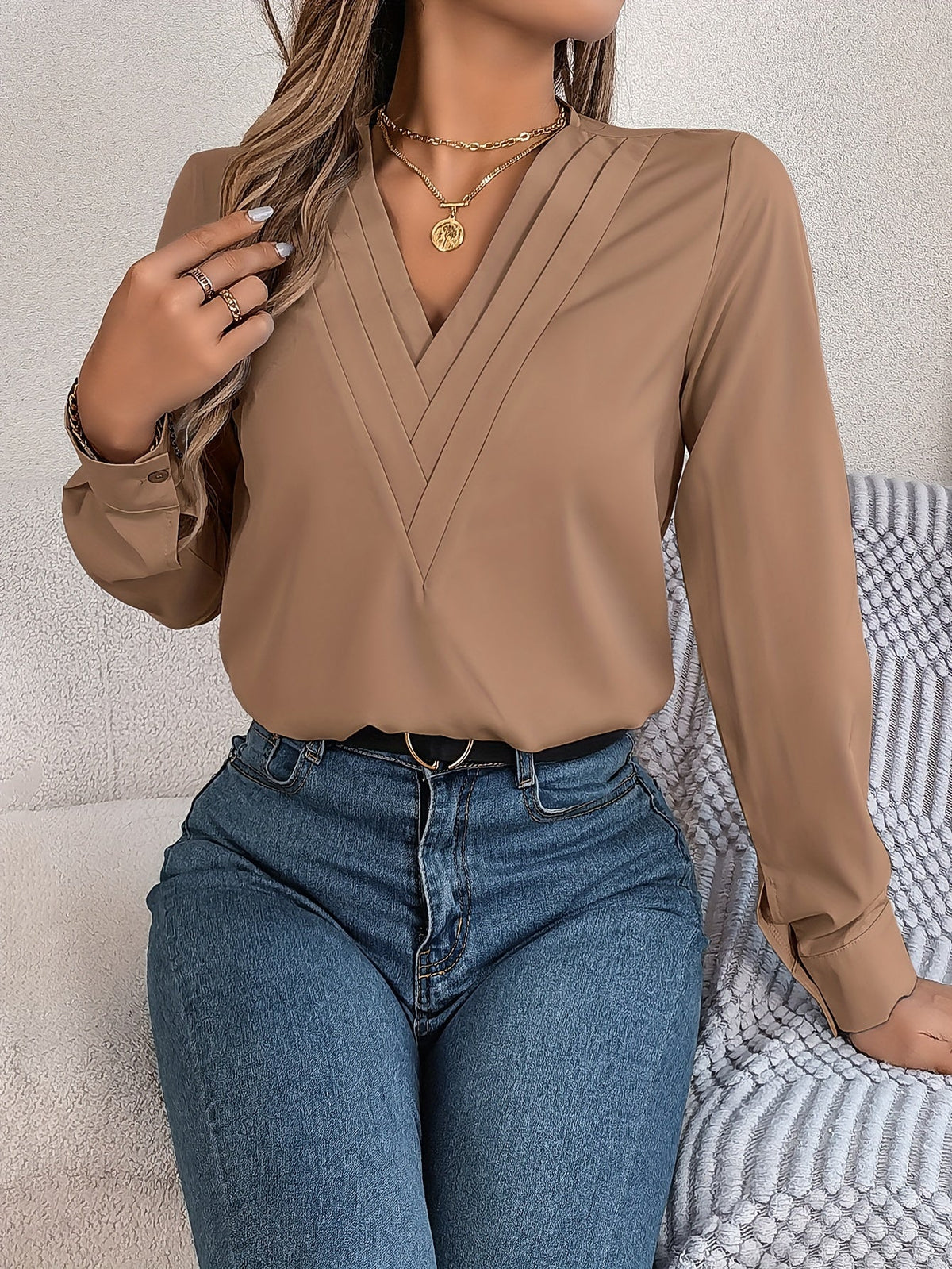 Solid Color V Neck Blouse, Elegant Long Sleeve Blouse