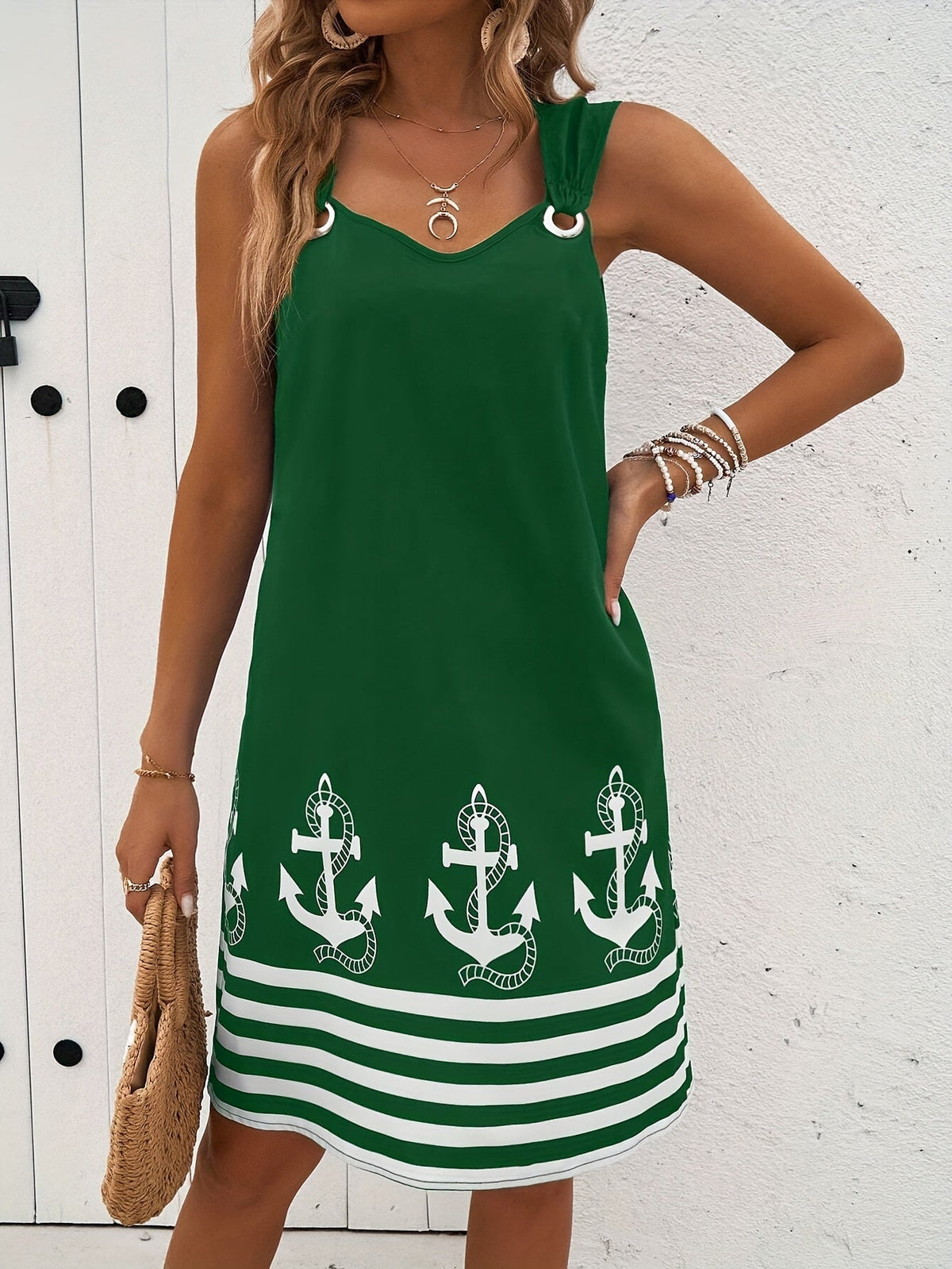 Floral & Striped Print Sleeveless V-Neck Dress