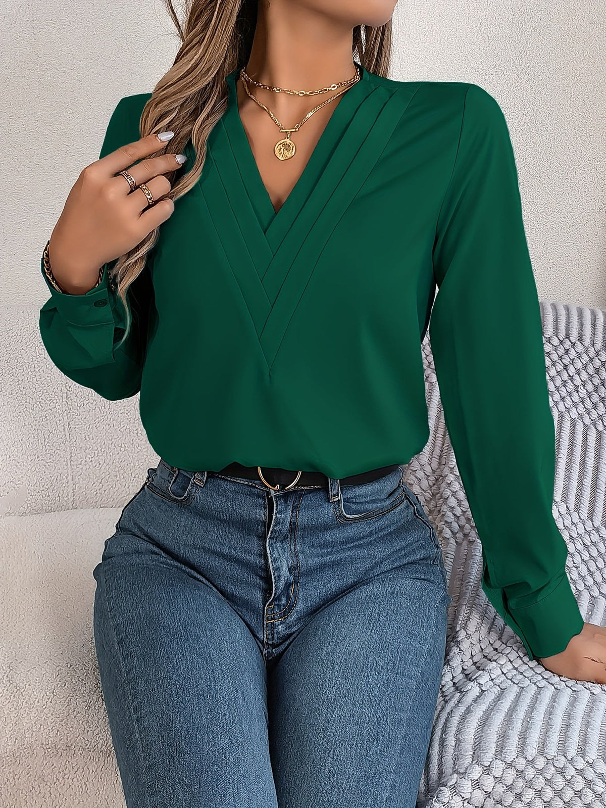 Solid Color V Neck Blouse, Elegant Long Sleeve Blouse