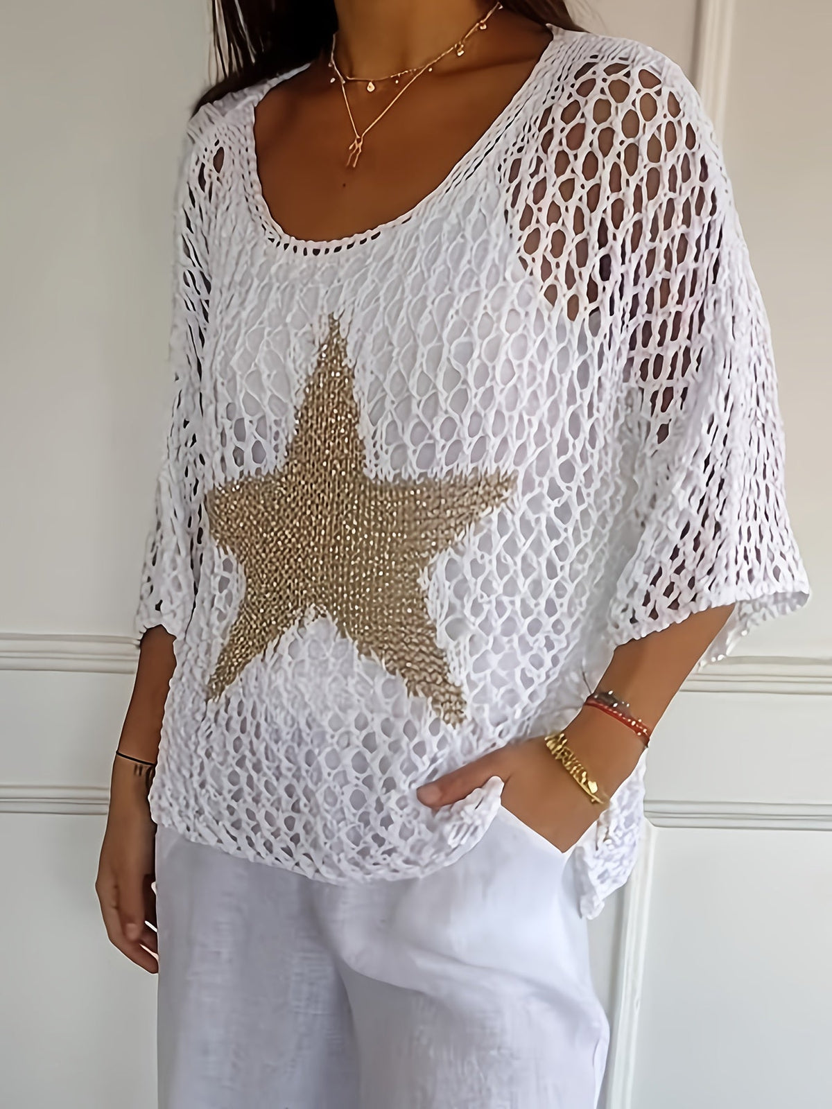 Loose Hollow Knit Star Cardigan Round Neck Sun Protection Shirt