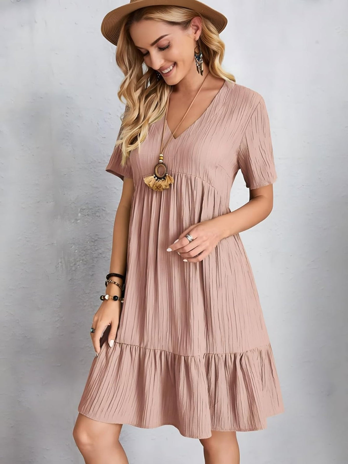 Short Sleeve V Neck Ruffle Mid Dress