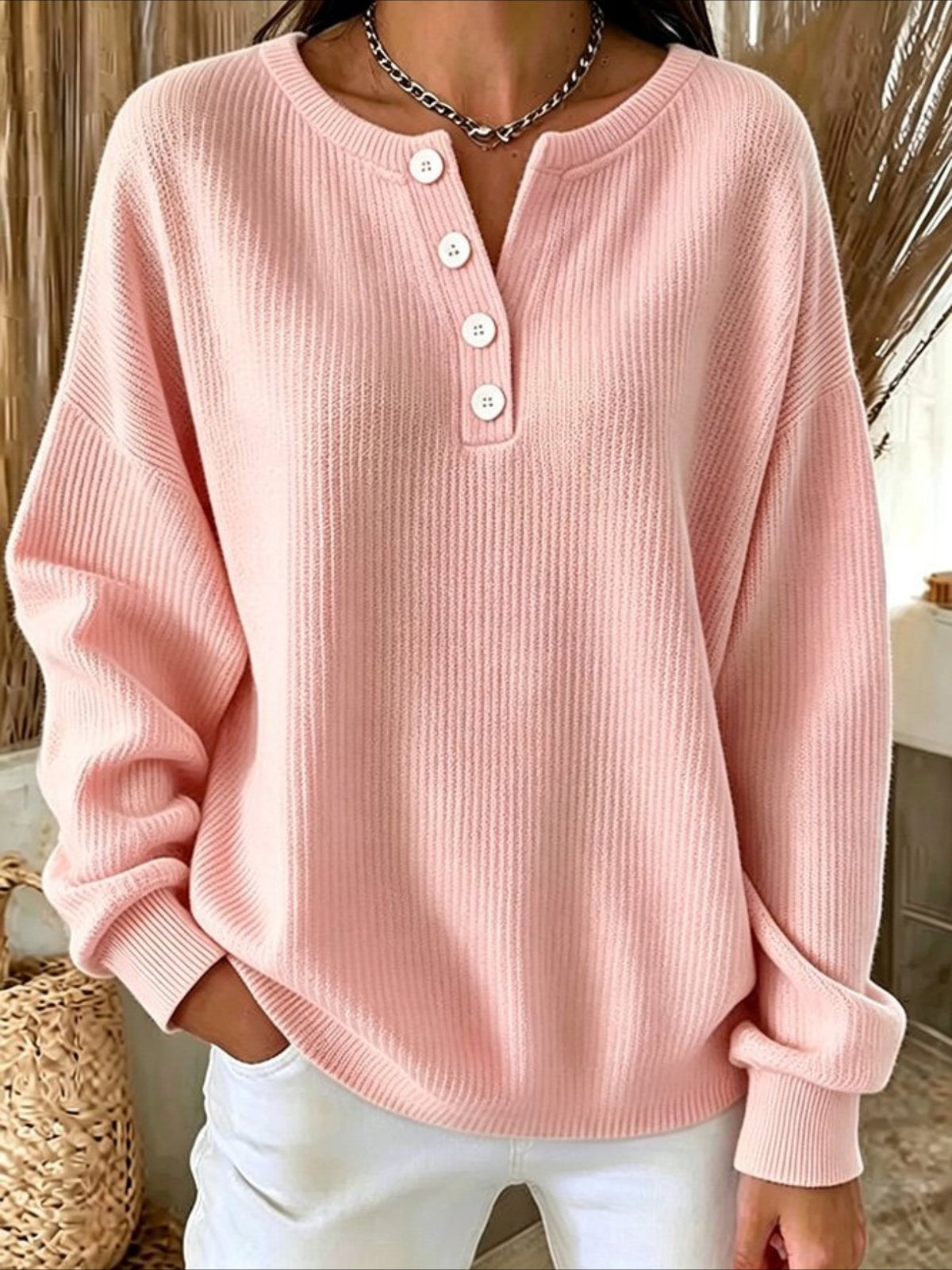 Solid Color V Neck Button Long Sleeve T-Shirt
