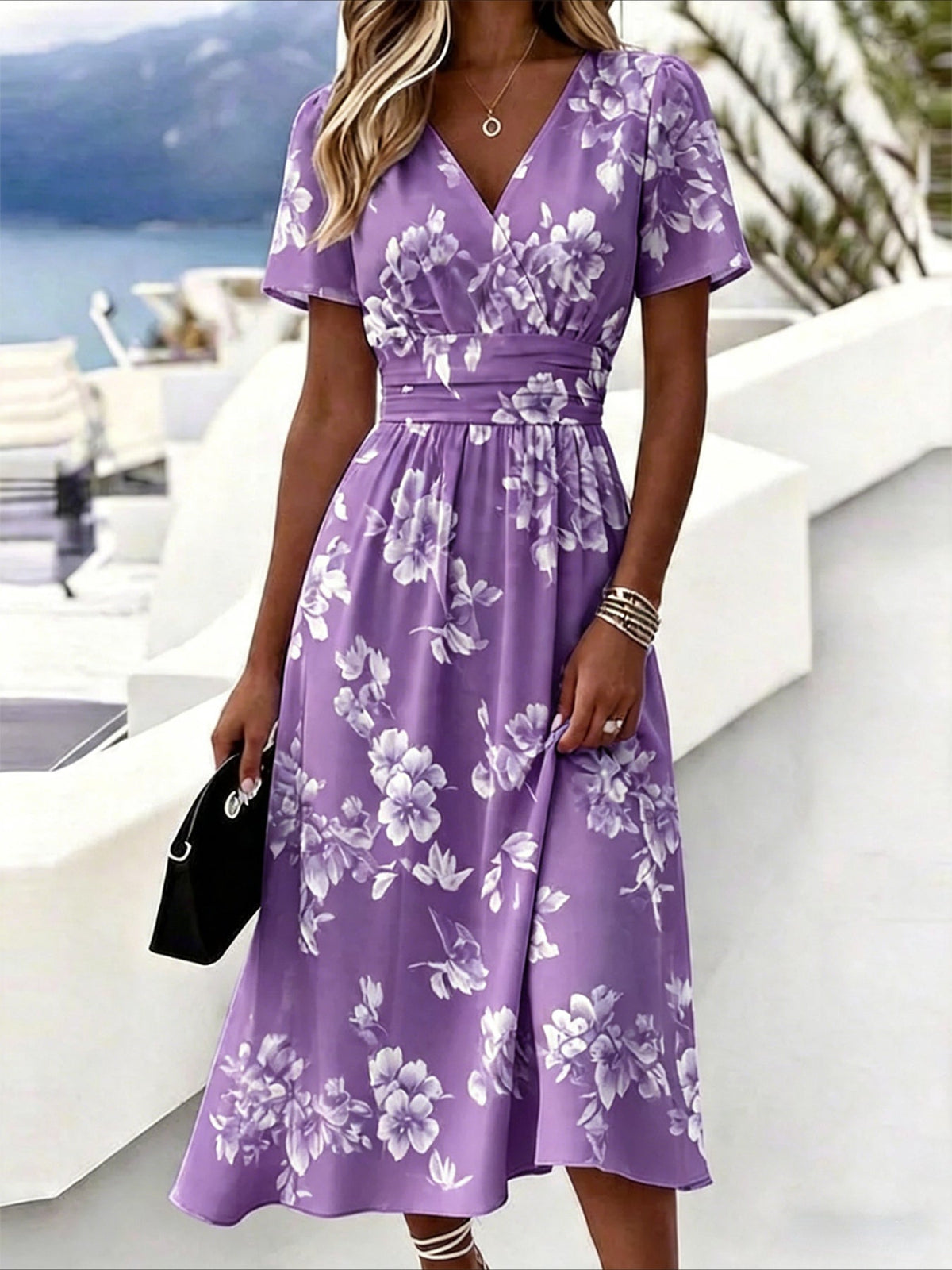 Floral Print V Neck Short Sleeve Beach A-Line Dress