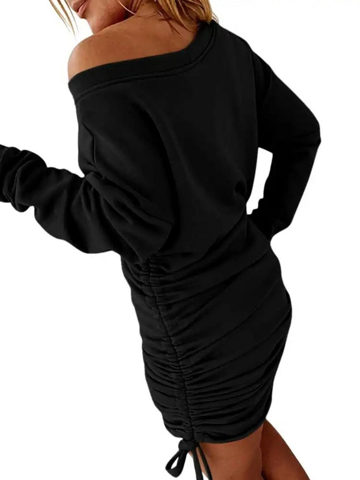 Solid Drawstring Pullover Sweatshirt Dress, Casual Ruched Long Sleeve Sweatshirt Dress
