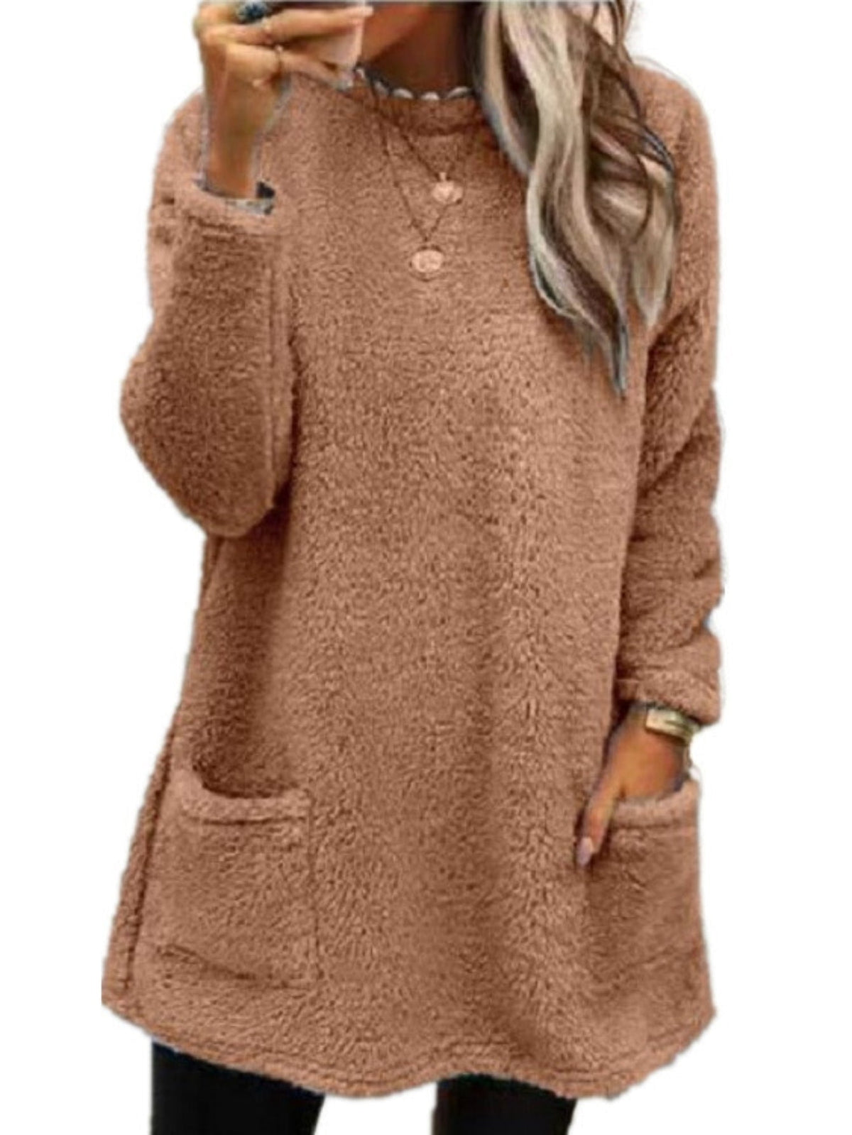 Solid Color Pullover Teddy Sweatshirt, Casual Long Sleeve Crew Neck Dual Pockets Sweatshirt